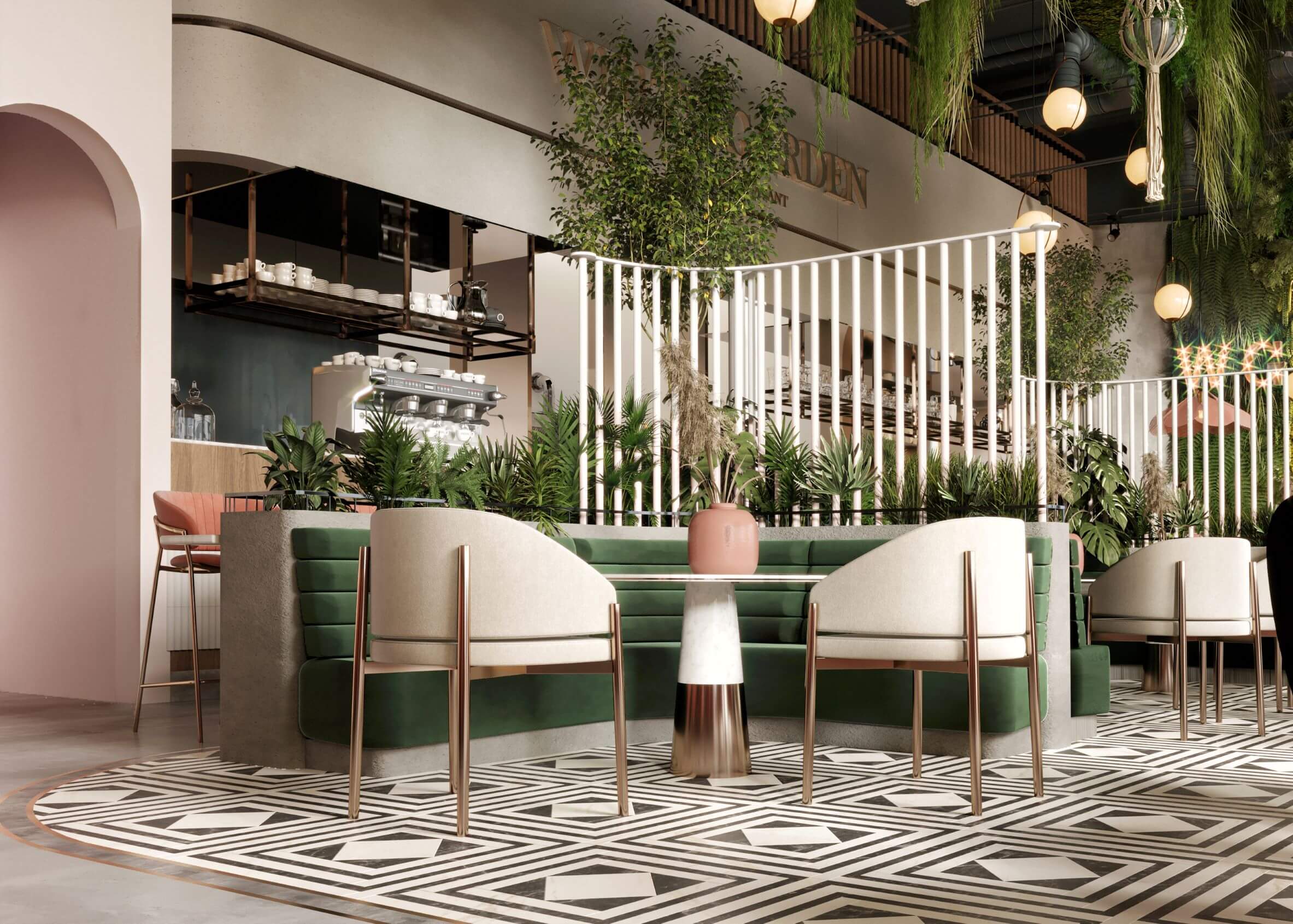 White garden restaurant and lounge in Ri|Visualization
